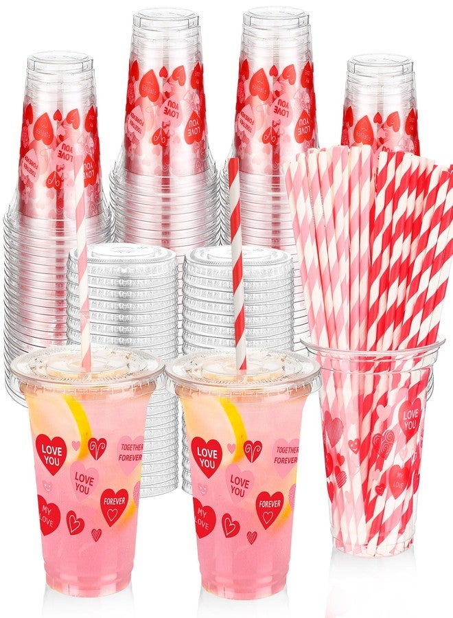 Ferrochef 50 Set 12 oz Valentine's Day Disposable Plastic Cups with Lids and Paper Straws Pink Red Heart Love Cups for Beverage Drinking Hot Cold Coffee Wedding Birthday Anniversary Party Supplies - Image 1